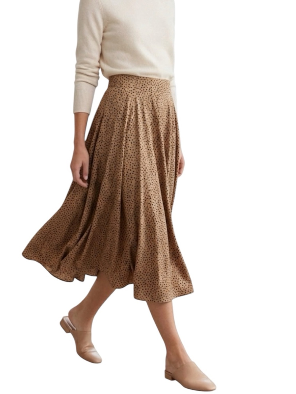 Women’s Leopard Dot Print Maxi Midi Skirt Tan Black Size Med Stretch High Waist